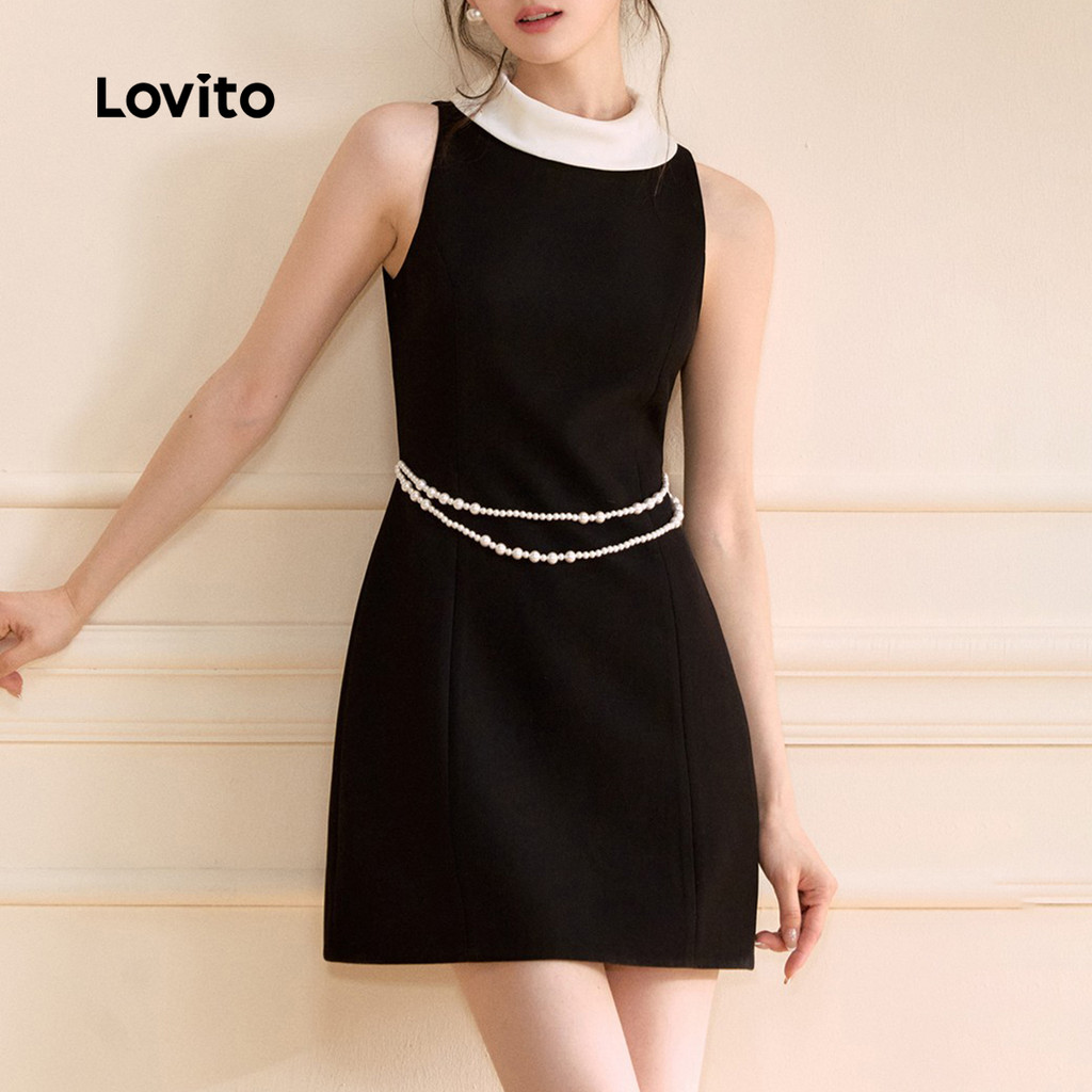 Detalhes do Lovito Vestido Elegante com Contraste de Colarinho Primavera/verão Vestido Preto e Branco para mulheres L154ED608