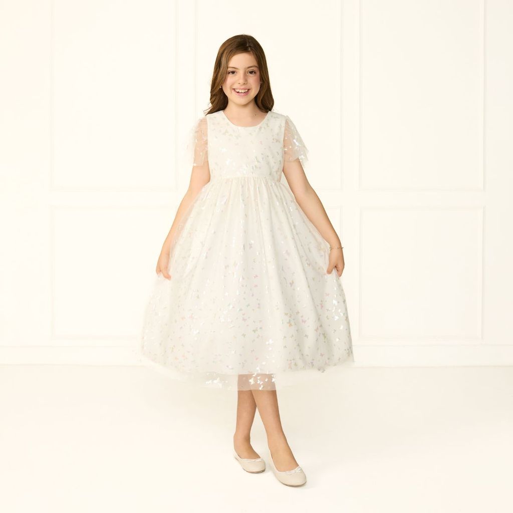 Vestido Infantil Estampa Borboletinha OffWhite Véu Rodado Casamento Festivo Batizados