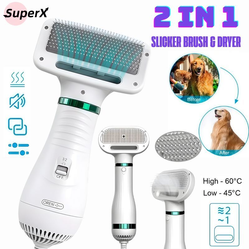 Escova secadora pet 2 em 1, baixo ruído, seca e remove pelos, ideal para gatos, cães e coelhos, 110V.