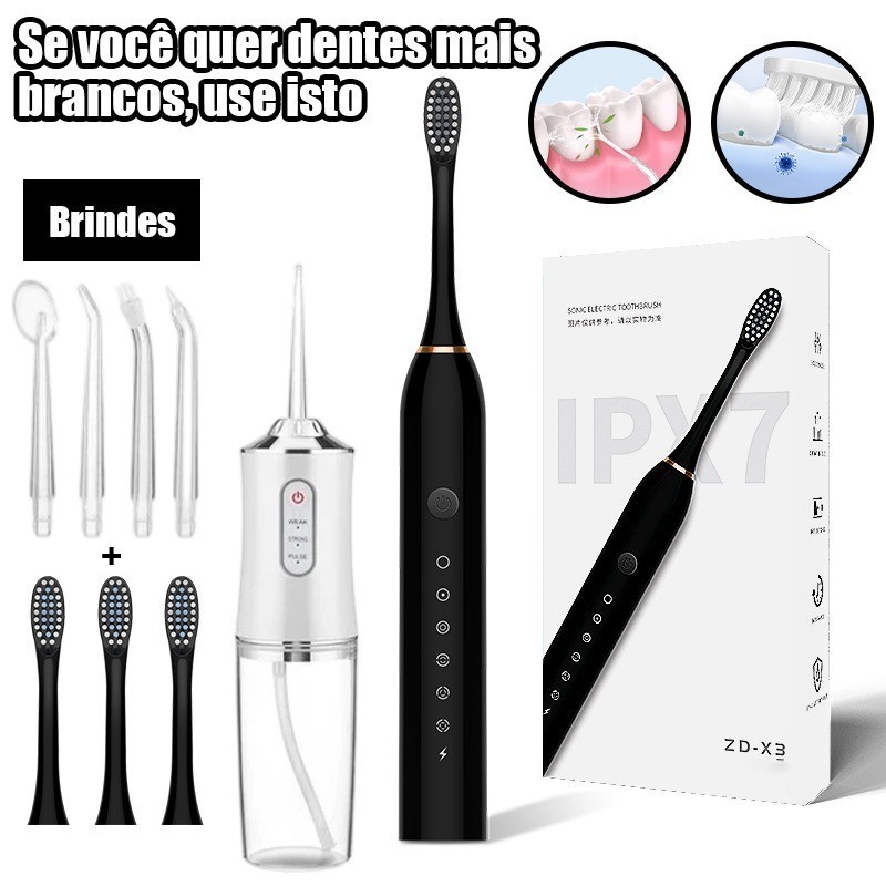 Kit Dental 2 em 1 – Irrigador Bucal + Escova Elétrica Recarregável Portátil Limpeza Profunda 360°