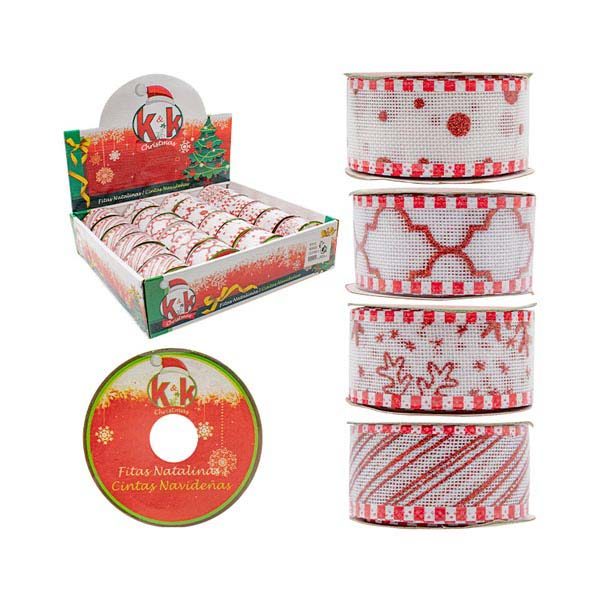 Fita Natalina Branca com Estampa Vermelha