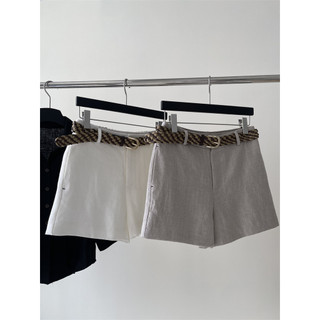 JAYT Natural Rústico Sul Francês Solto Sensação Casual Calças Retas com Cinto Tecido Shorts de Linho Reto