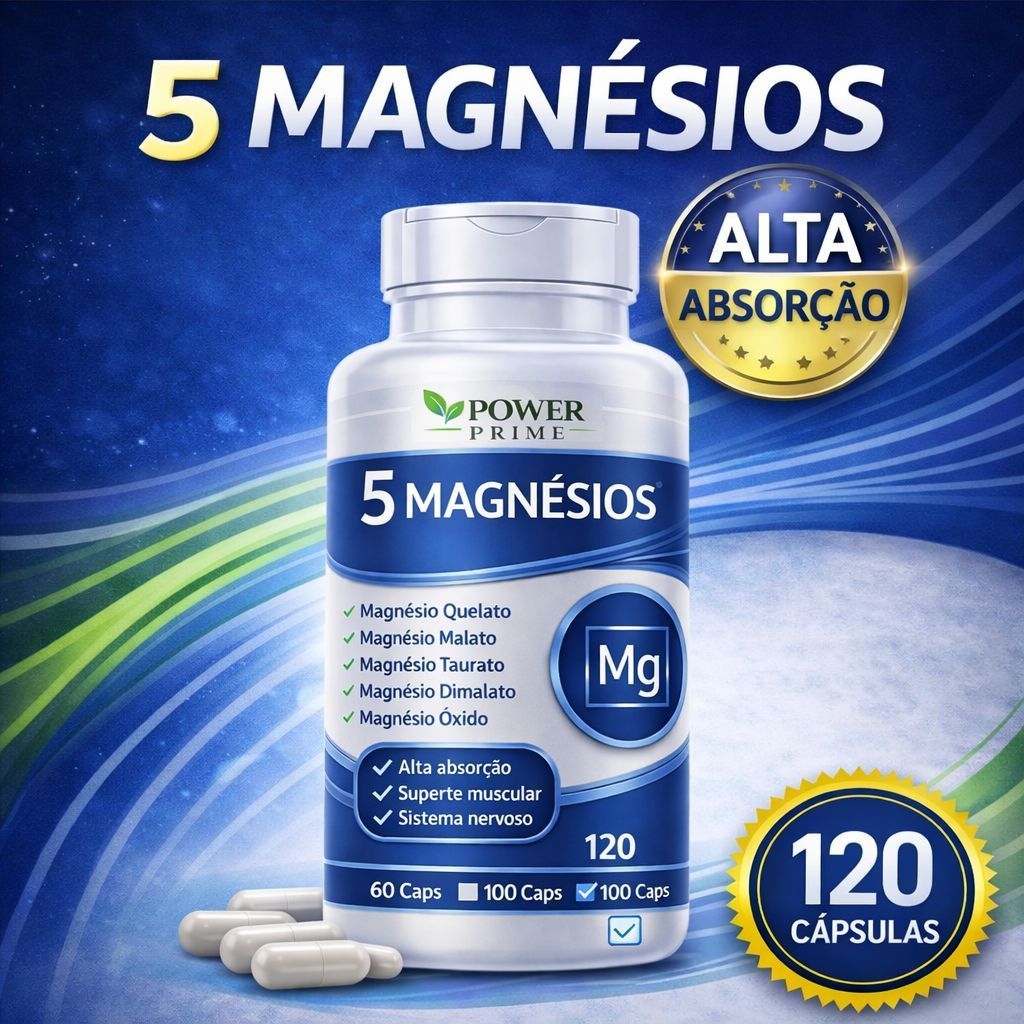 5 Magnésios 120 cápsulas de 500mg (magnésio Quelato, Malato, Turato, Citrato e Óxido