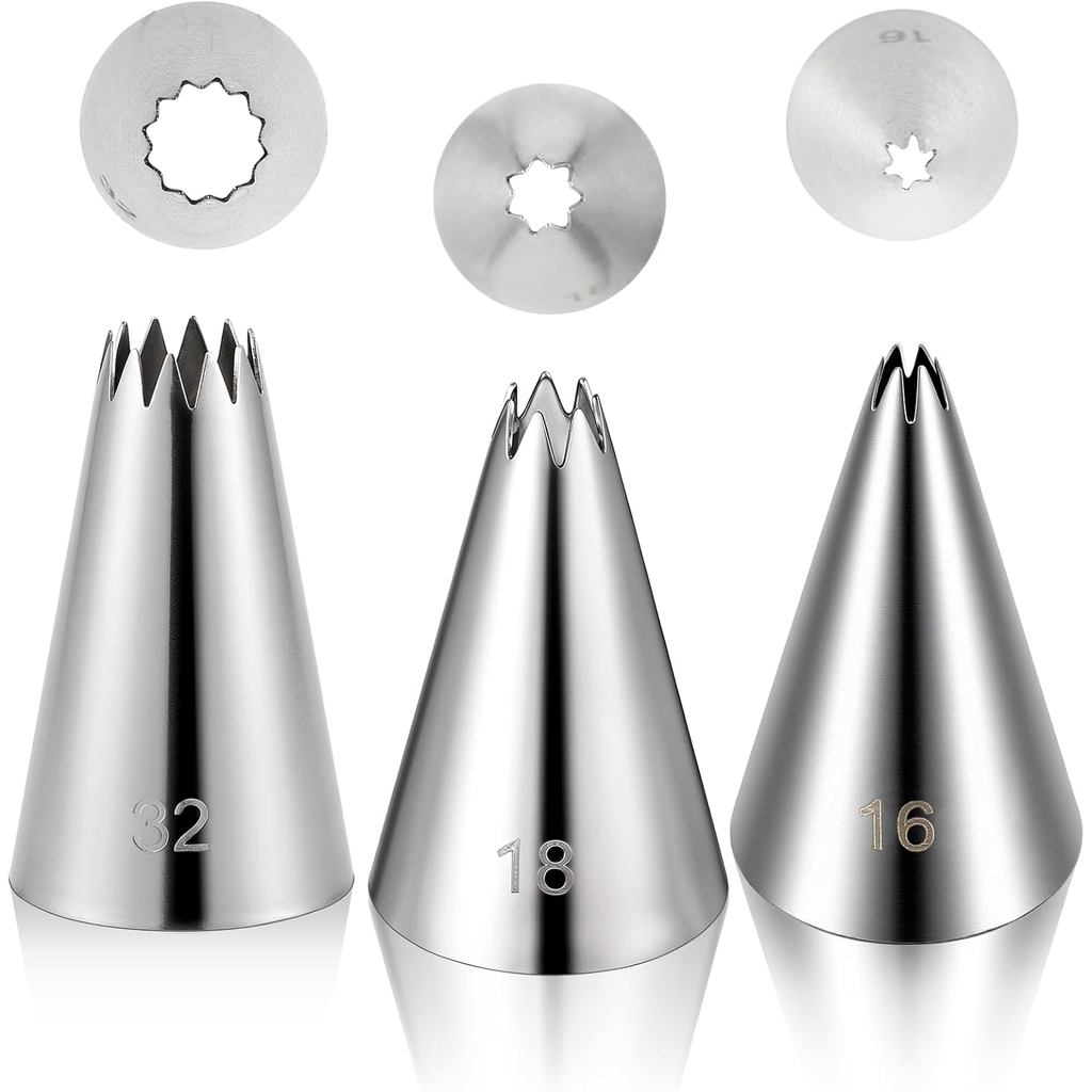 3 Peças # 16 # 18 # 32 Bicos de Confeitar em Forma de Estrela Aberta, Bicos de Confeitar Sem Costura, Bicos de Confeitar