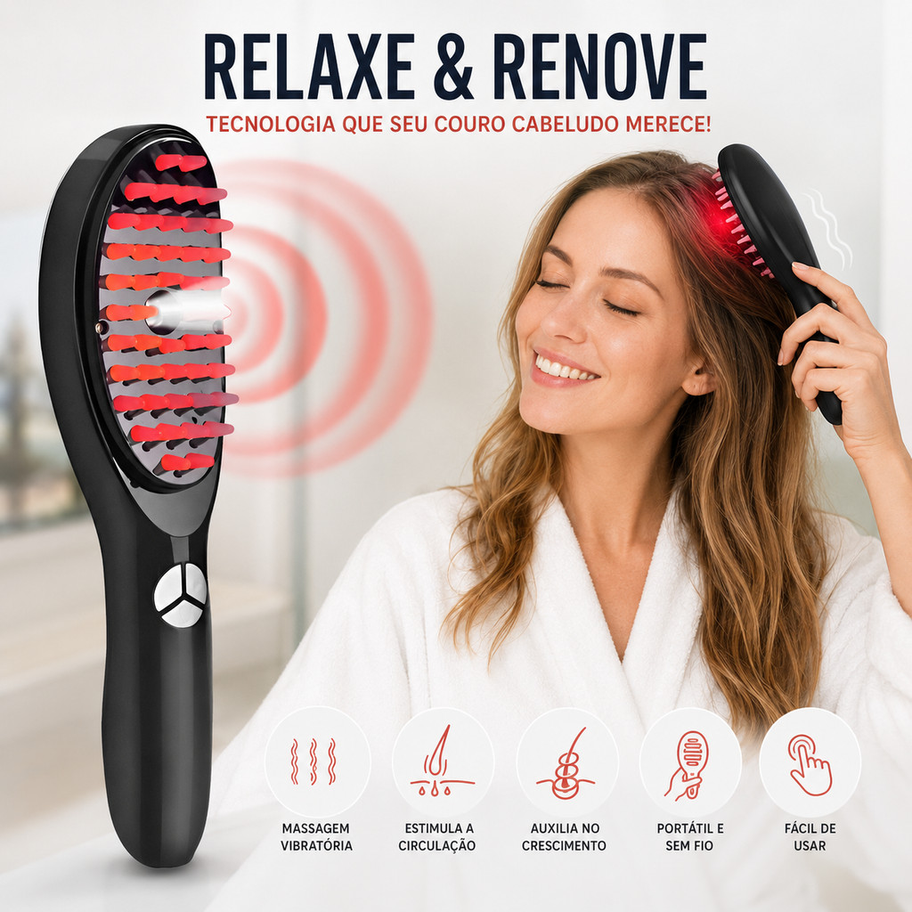 Escova Massageadora Capilar Led Terapia Crescimento Cabelo Spray Nano Digital