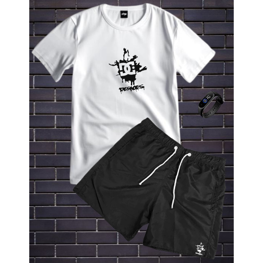 Conjunto Kit Masculino DG Camisa 100% Algodão Fio 30.1 + Bermuda Tactel Estampada + Relogio Digital Minimalista Premium