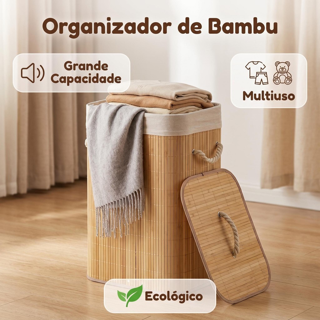 Cesto Organizador de Roupa 72L em Bambu – com Tampa, Alça e Forro Removível, Ideal para Casa