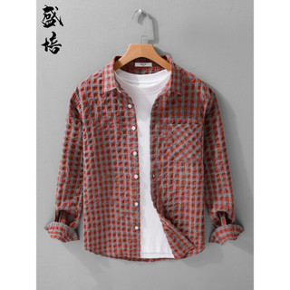 Verão estilo fino masculino único Seersucker camisa Retro na moda rufião bonito roupas xadrez camisa de manga comprida m