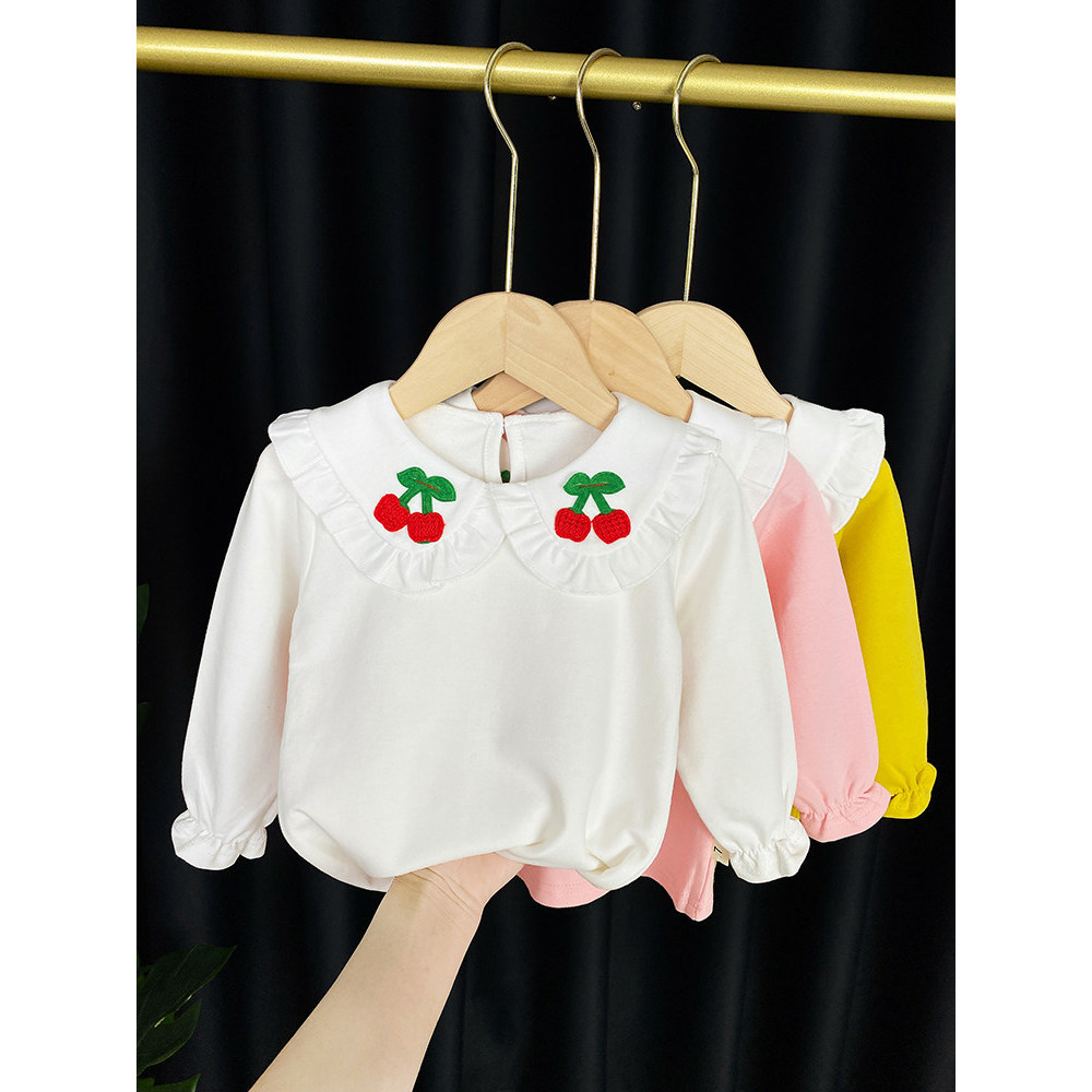 Meninas camisa de fundo branco primavera outono crianças manga comprida camiseta feminina bebê primavera boneca gola sup