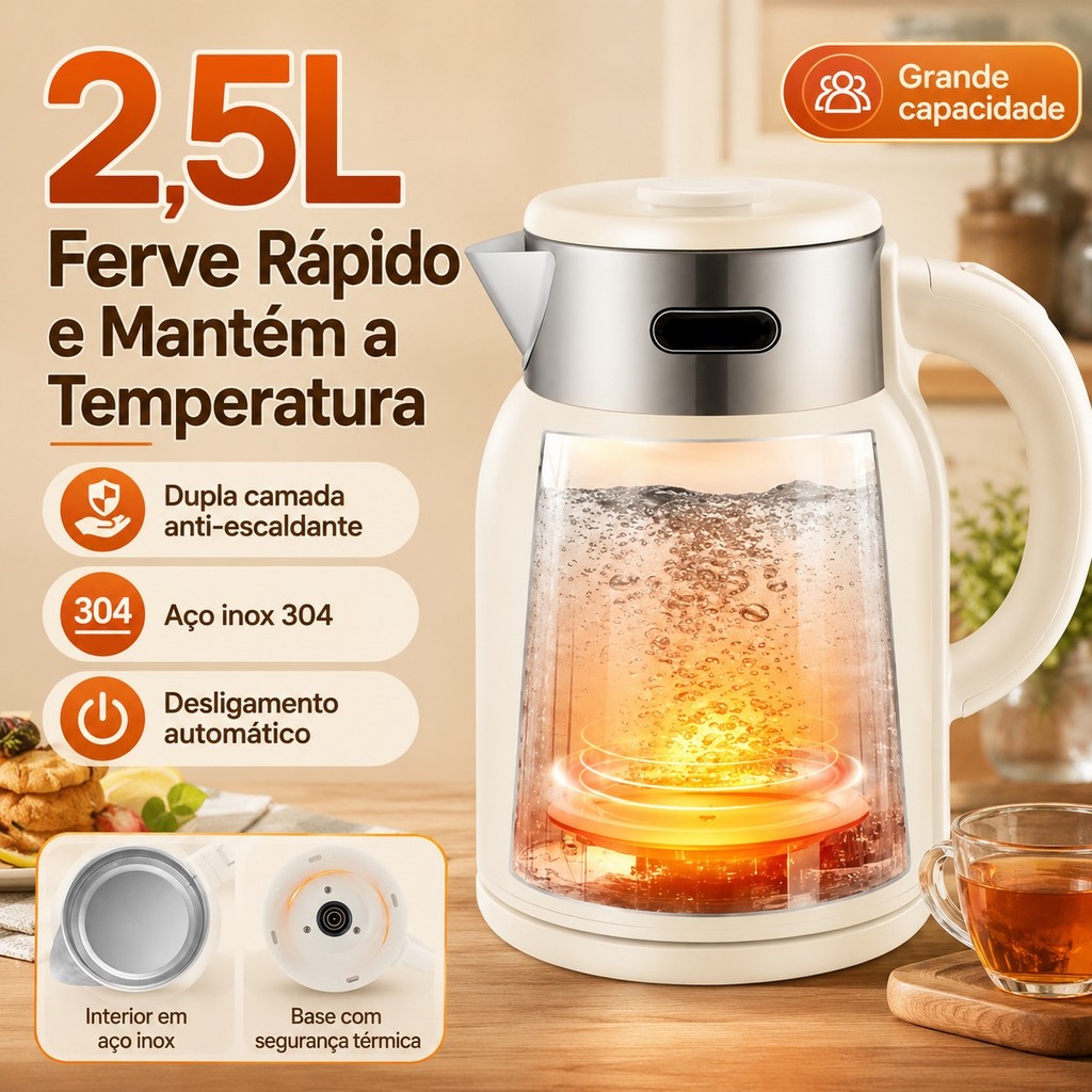 Chaleira Cafeteira Elétrica Térmica 1.8L Inox Automatica com Desligamento e Base Aquecedora para Chá e Café 110 e 220v