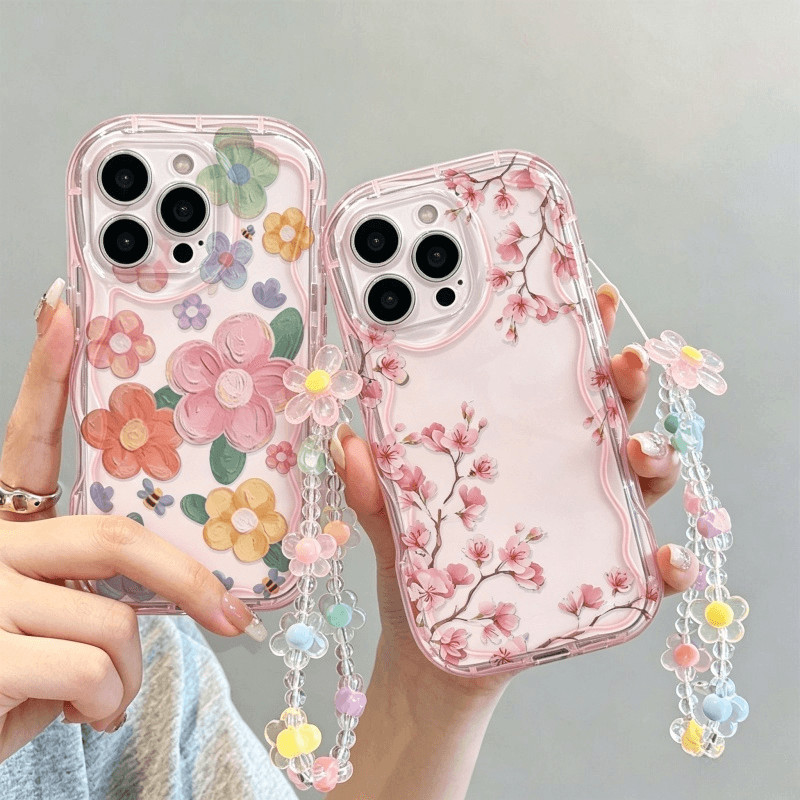 Capa Para Samsung Galaxy S26 Ultra S25 S24 Plus S26FE A17 A06 A07 A16 A56 M16 A36 A55 A15 Pulseira Corrente Rosa Flor Pe