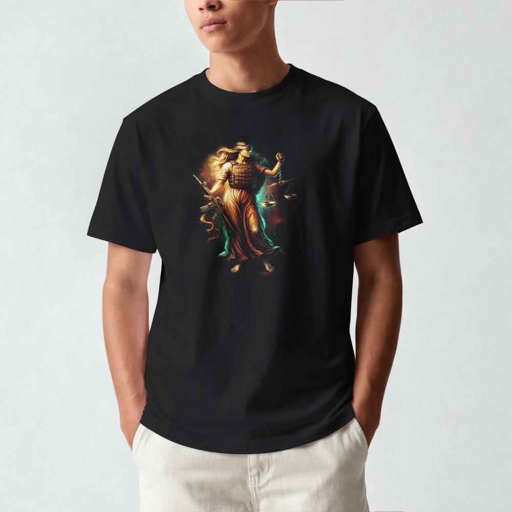 Camiseta Preta Estampa justiça Streetwear em Halftone 100% Algodão Premium Conforto e Qualidade para Ocasões Variadas