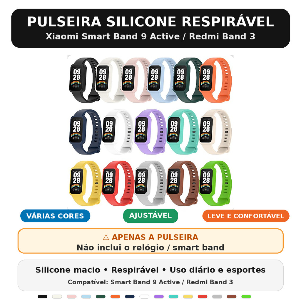 Pulseira Silicone Respirável para Xiaomi Smart Band 9 Active / Redmi Band 3 | Confortável, Ajustável e Leve