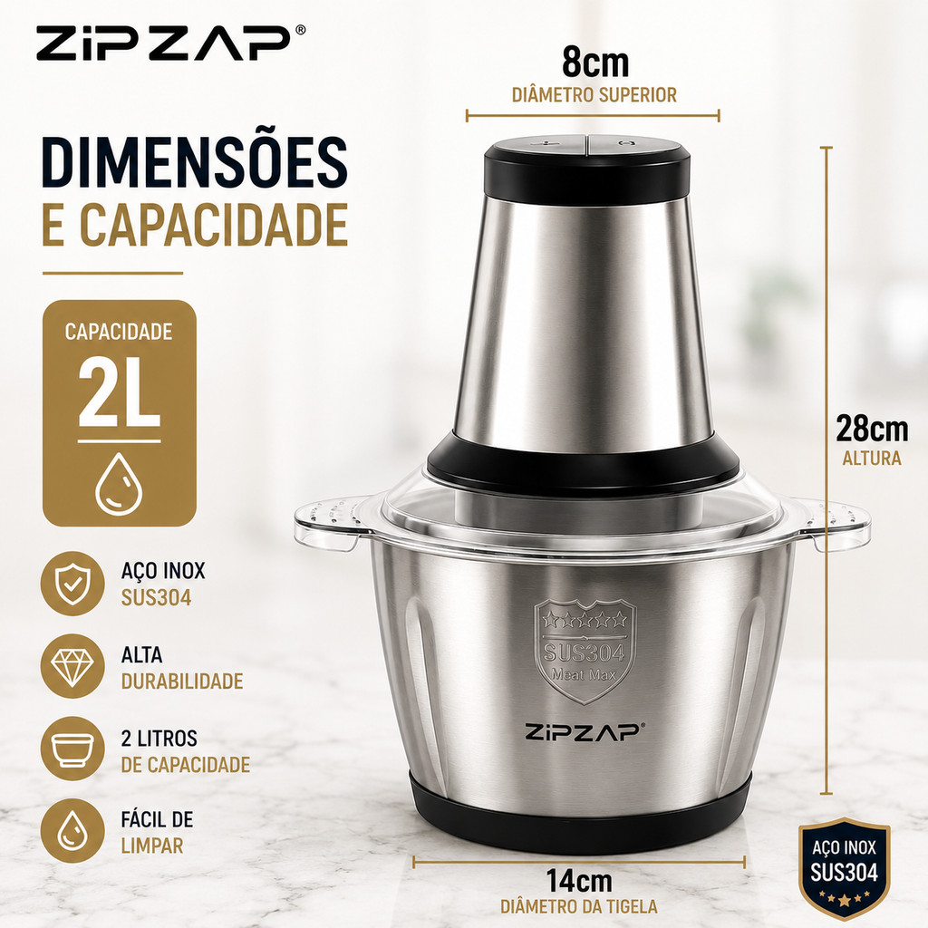Multiprocessador Elétrico 2L/3L Inox Triturador de Alimentos 4 Lâminas 127V/220V ZIPZAP