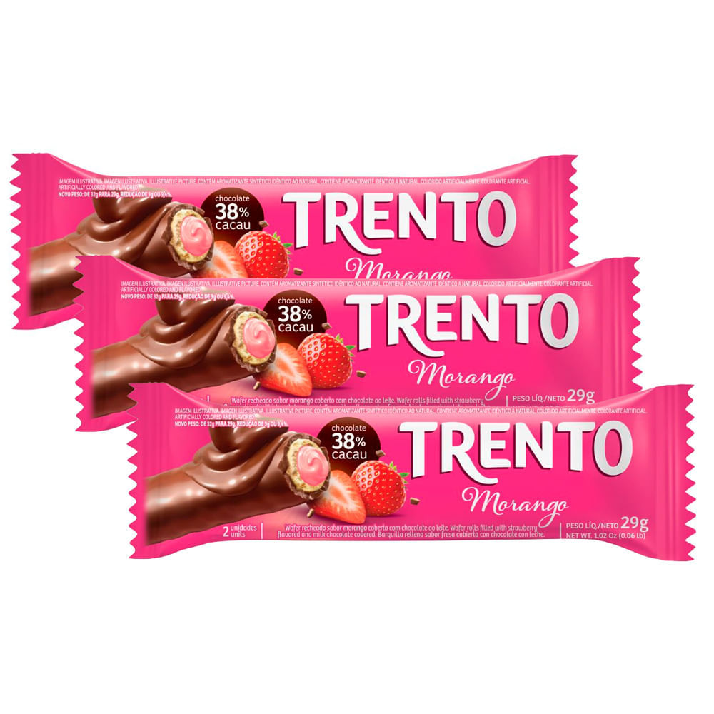 Kit 3 Chocolate Wafer Trento Sabor Morango 29g