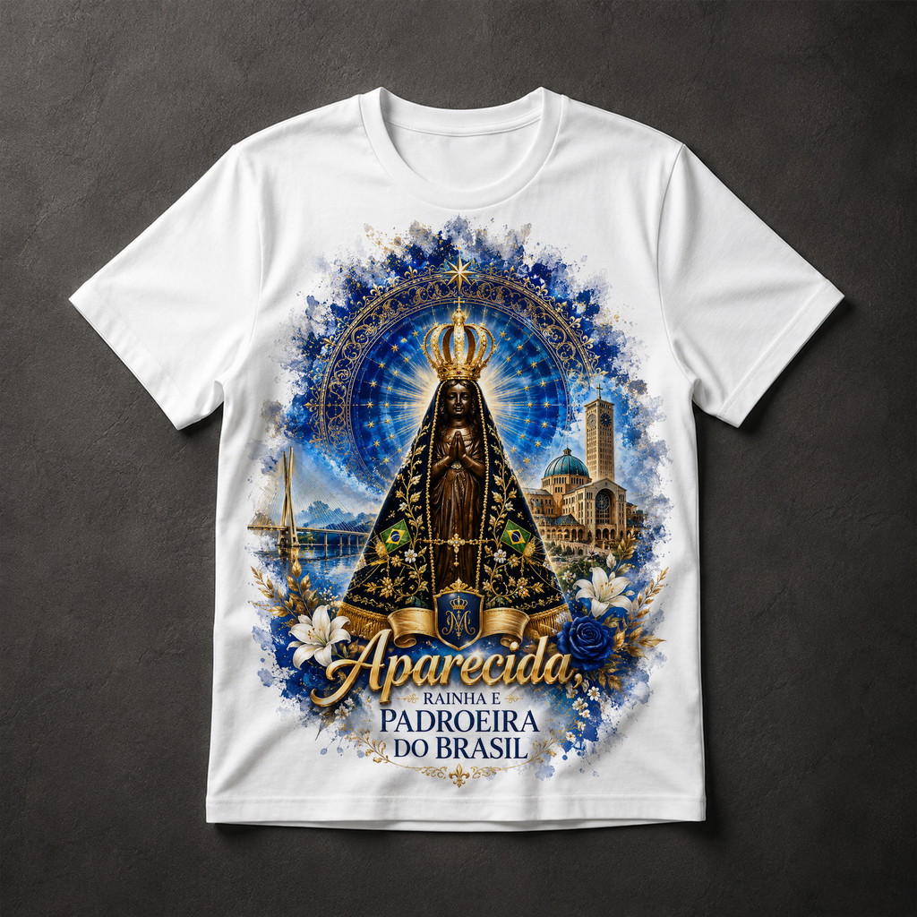 Camiseta Nossa Senhora Aparecida Padroeira do Brasil Religioso Católico Fé Masculina