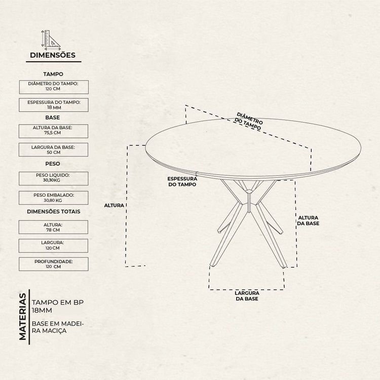 Mesa de Jantar Base Estrelada de Madeira Maciça 120cm Alice Marrom/Cinamomo 120