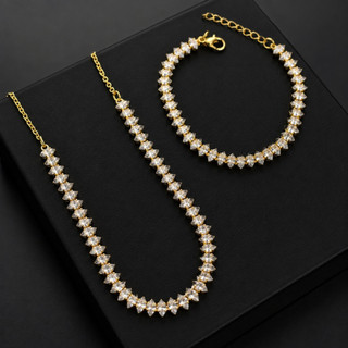 Kit Gargantilha E Pulseira Feminina Brilhante Navete Banhado a Ouro18k