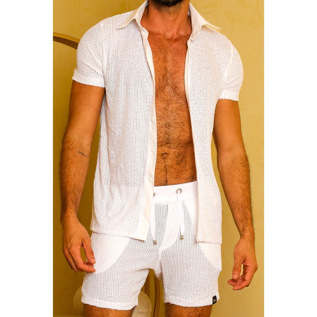 Camisa Masculina em Paetê Brilho Moda Masculina Casual Festa Verão Estilo