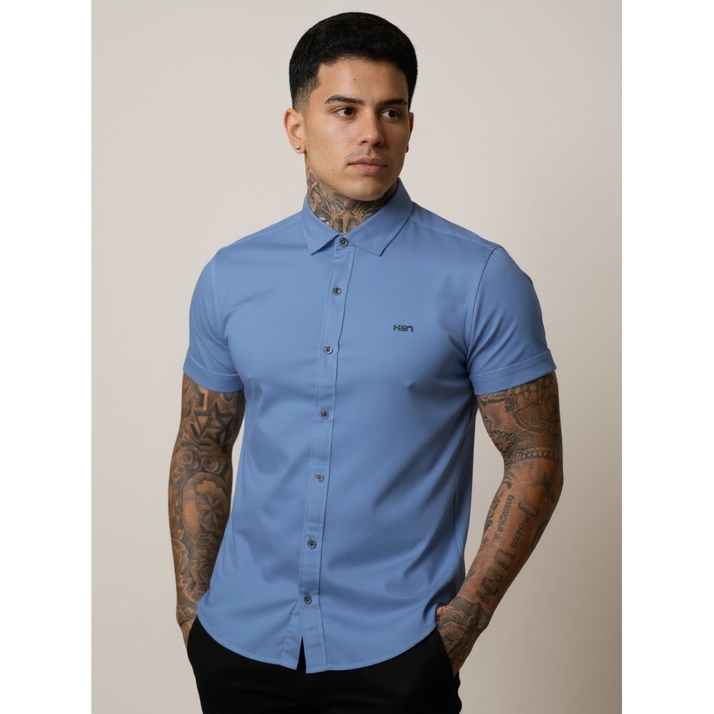 Camisa Masculina Viscose Elastano Manga Curta Slim Fit Não Amassa Azul Bebê — Mell Moda