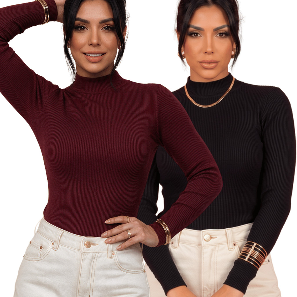 Kit 2 Blusas Manga Longa Feminina Cacharrel Canelada Confortável Gola Alta Básica Look Inverno Premium