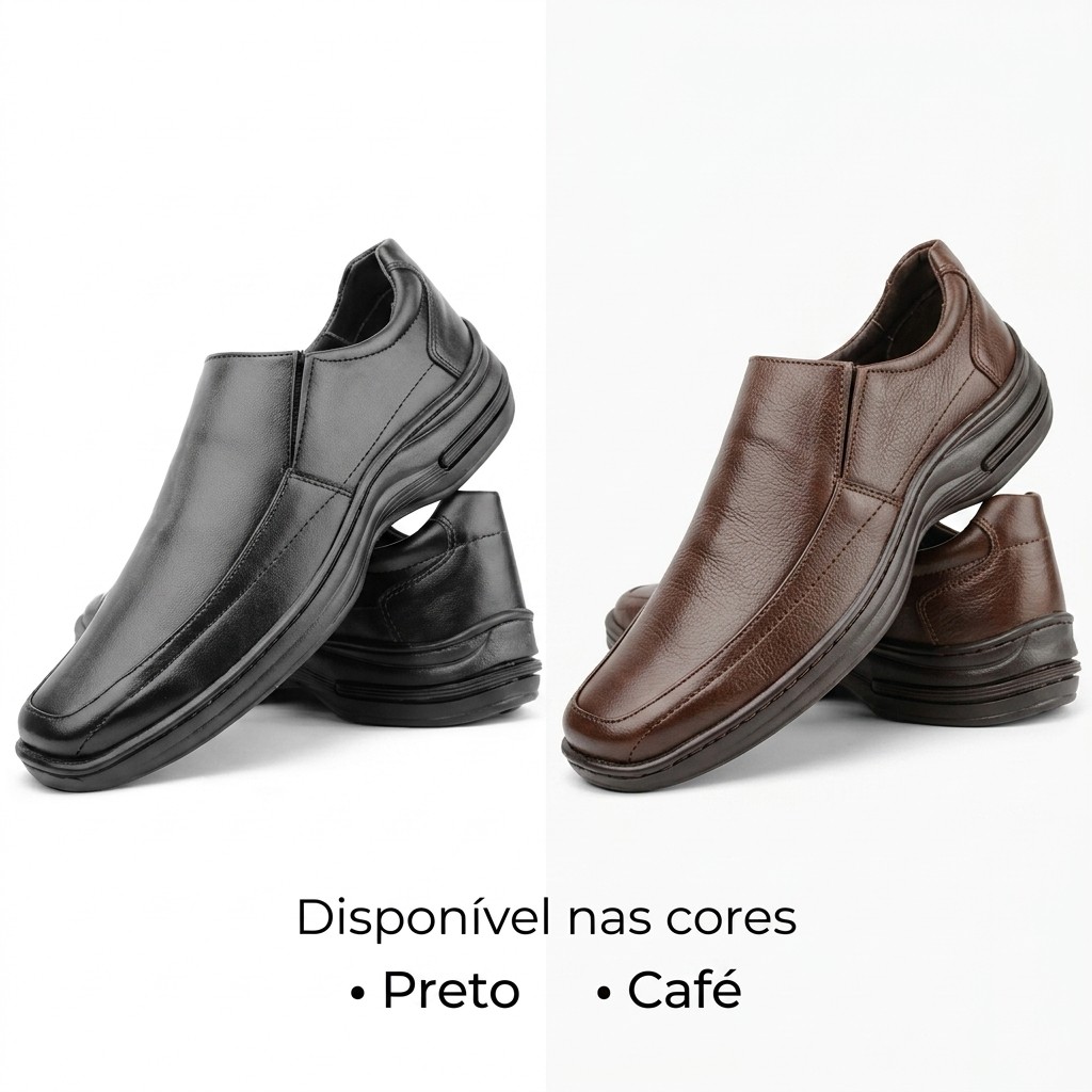 Sapato Social Masculino Slip On Couro Tecnológico Preto Café Confortável Antiderrapante Trabalho e Eventos