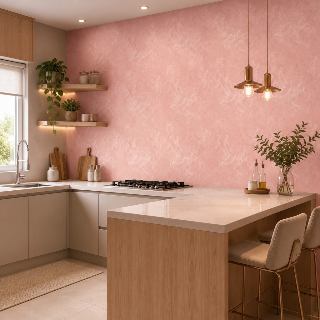 Papel de Parede Lavável Vinil Autocolante Cimento Queimado Rosé para Sala Delicado