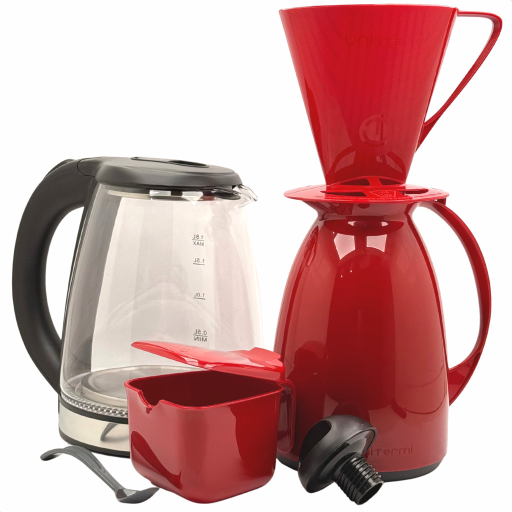 Kit Café Prático Chaleira Bule Jarra Elétrica Vidro 1,8 Litros + Garrafa Térmica Filtro Coador Açucareiro Vermelho
