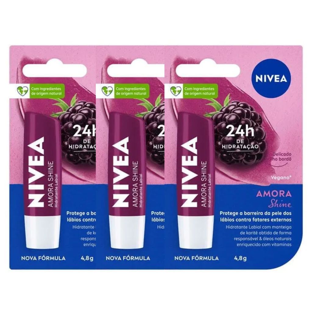 Kit 3 Protetor Labial Nivea Amora Shine Hidratante 4,8g