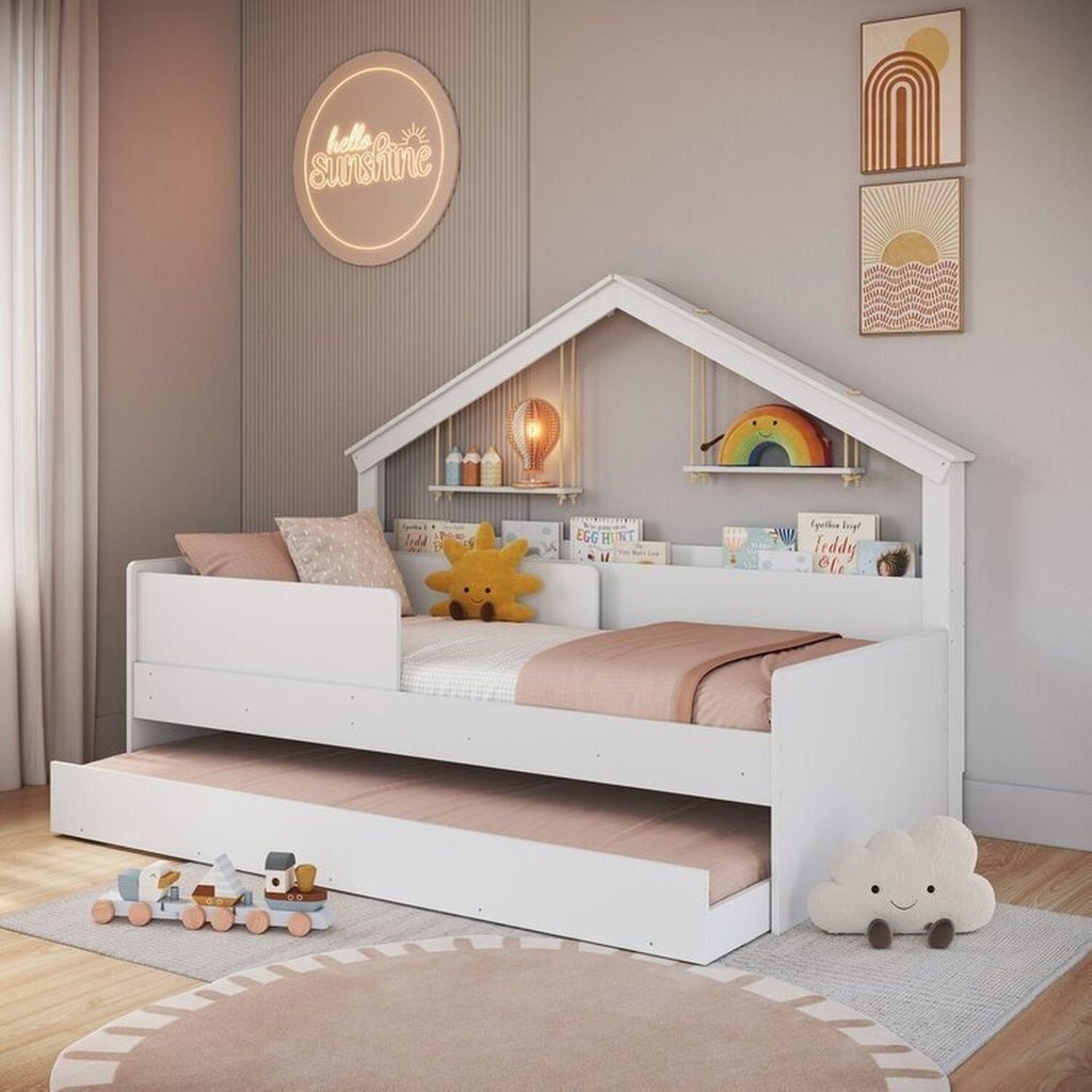 Cama Infantil Moldura Casinha para Colchão 0,88 x 1,88 Cor Branco com Cama Auxiliar