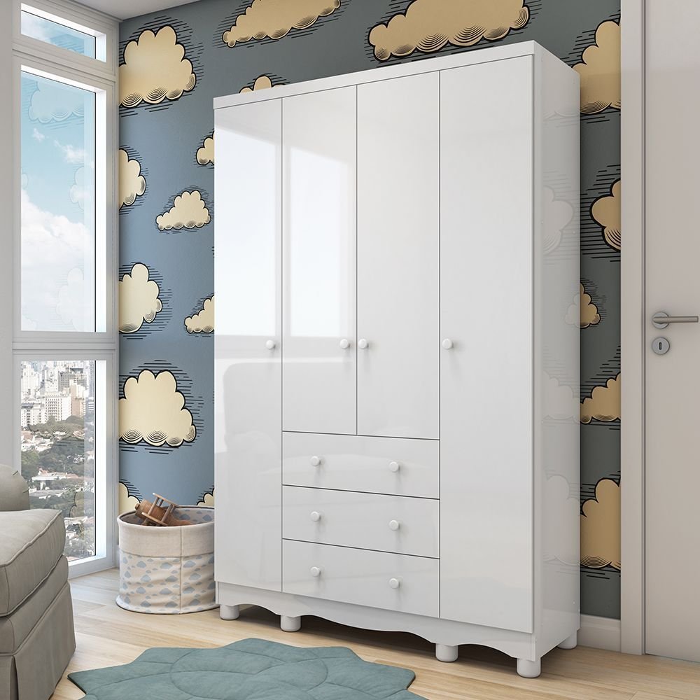 Guarda Roupa Infantil 4 Portas 3 Gavetas 100% MDF Mimo Branco Brilho Branco Brilho
