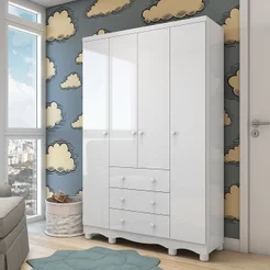 Guarda Roupa Infantil 4 Portas 3 Gavetas 100% MDF Mimo Branco Brilho Branco Brilho