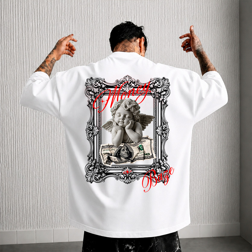 Camiseta Masculina De Algodão Oversized 30.1 Streetwear Impresso Dinheiro Anjo Baze Estilo Novo Lançamento