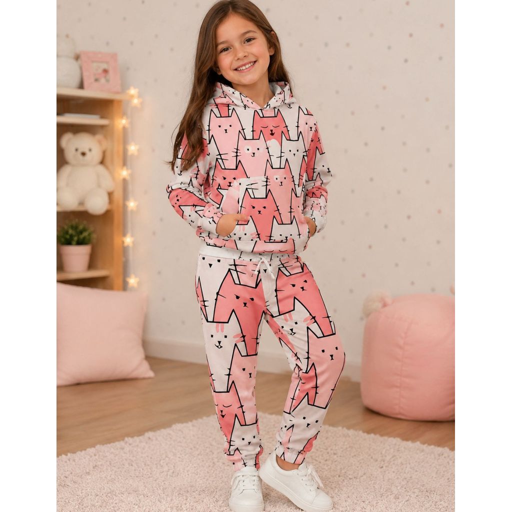 Conjunto Moletom Infantil Estampado Personagens Inverno Quentinho Casual Para Menina Gatinhos