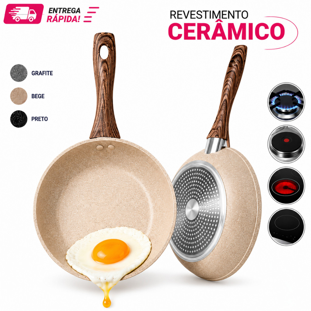 Imagem Frigideira Cerâmica Cabo Aço Inox  Antiaderente Indução Gás Soft Touch Premium Preta Bege Cinza Pequena Grande