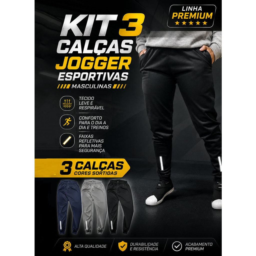 Kit 3 Calças Jogger Esportivas Masculinas Linha Premium Com Faixas Refletivas