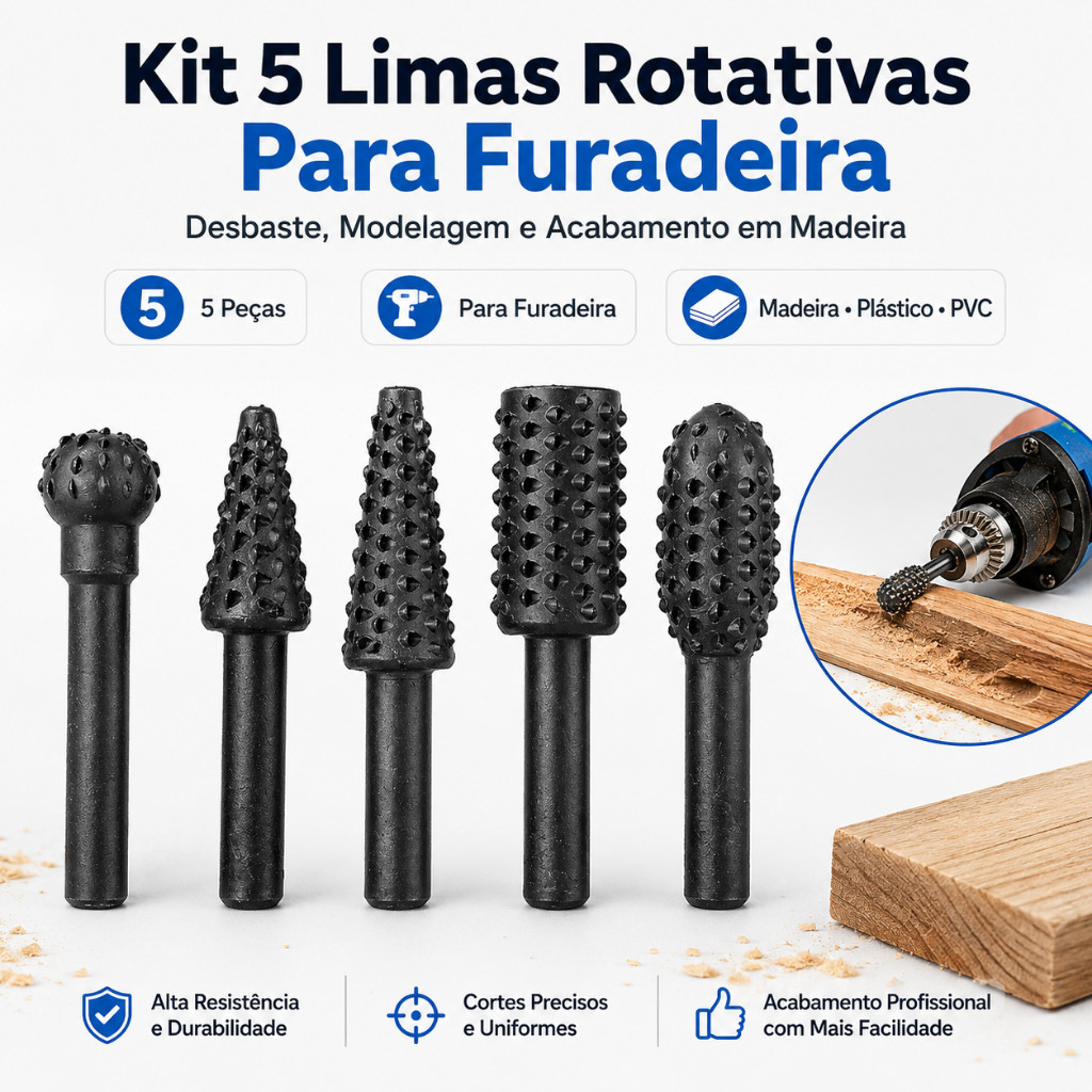 Kit 5 Brocas Fresa Lima Grosa Rotativa Furadeira Para Acabamento Em Madeira marcenaria 5 Brocas Raspas para Madeira 1/4"