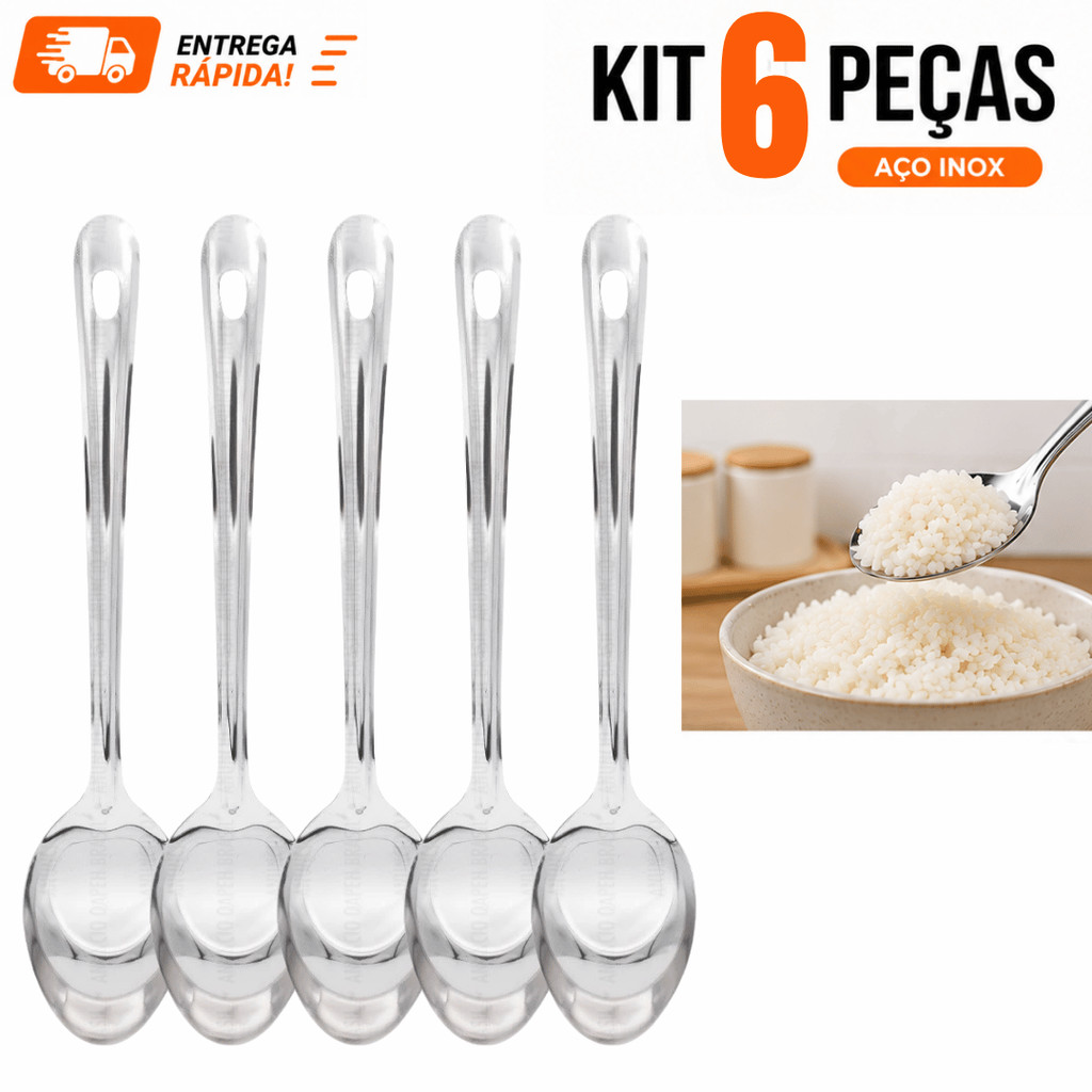 KIT 6 Ou 4 Colher De Arroz GRANDE Cabo Longo 100 % Aço Inox  Casa Restaurante Buffet