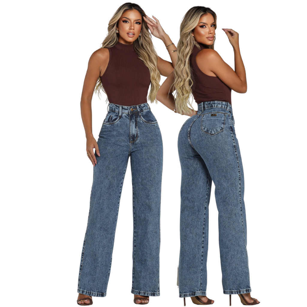 Calça Feminina Wide Leg Jeans Premium Algodão Cintura Alta Afina Elegante Casual Versátil