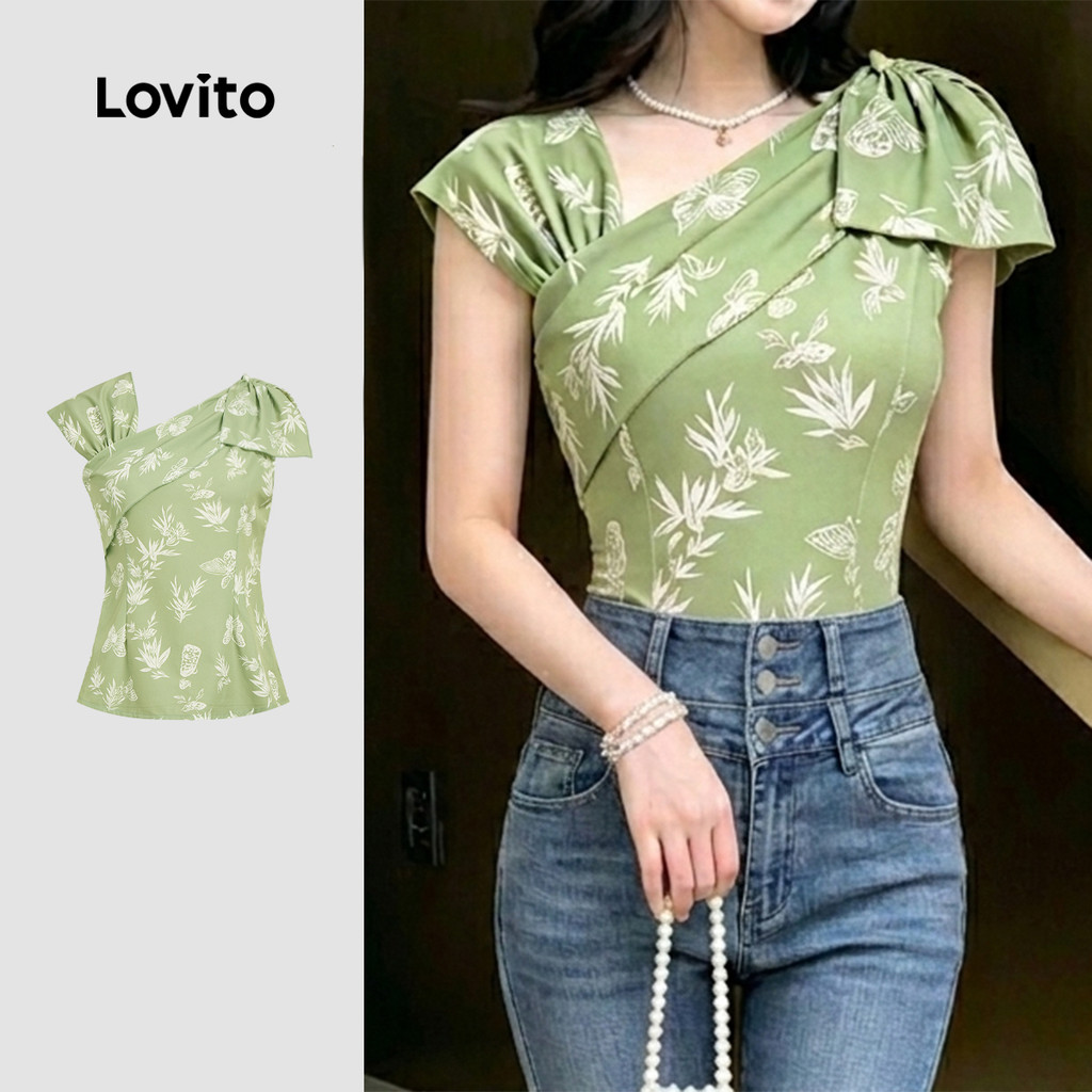 (New Arrival) Lovito Blusa Casual Assimétrica com Flores e Zíper Blusa de Primav
