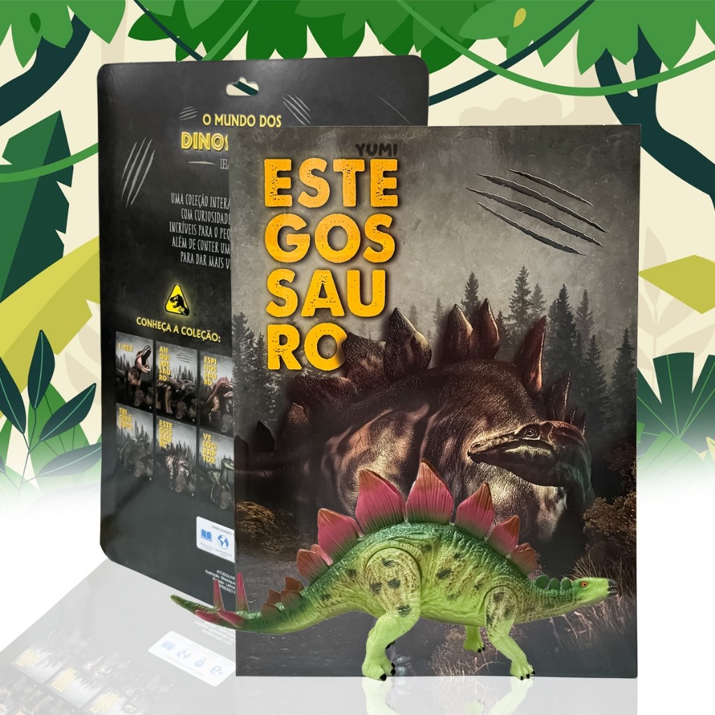 Livro Mundo Dos Dinossauros + Dinossauro Brinquedo Estegossauro Colecionável Articulado E Realista