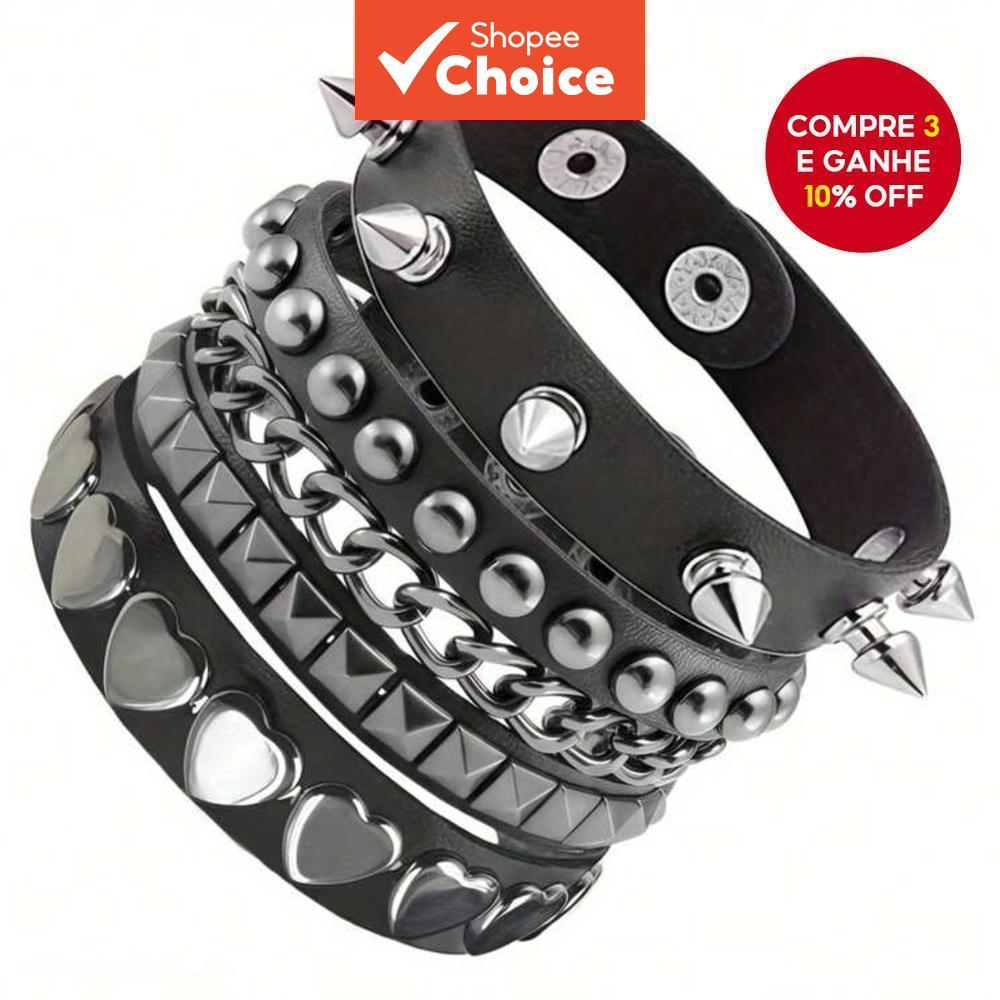 Conjunto De Pulseira De Caveira Cravejada Preta Unissex Couro PU Joias Punk Góticas