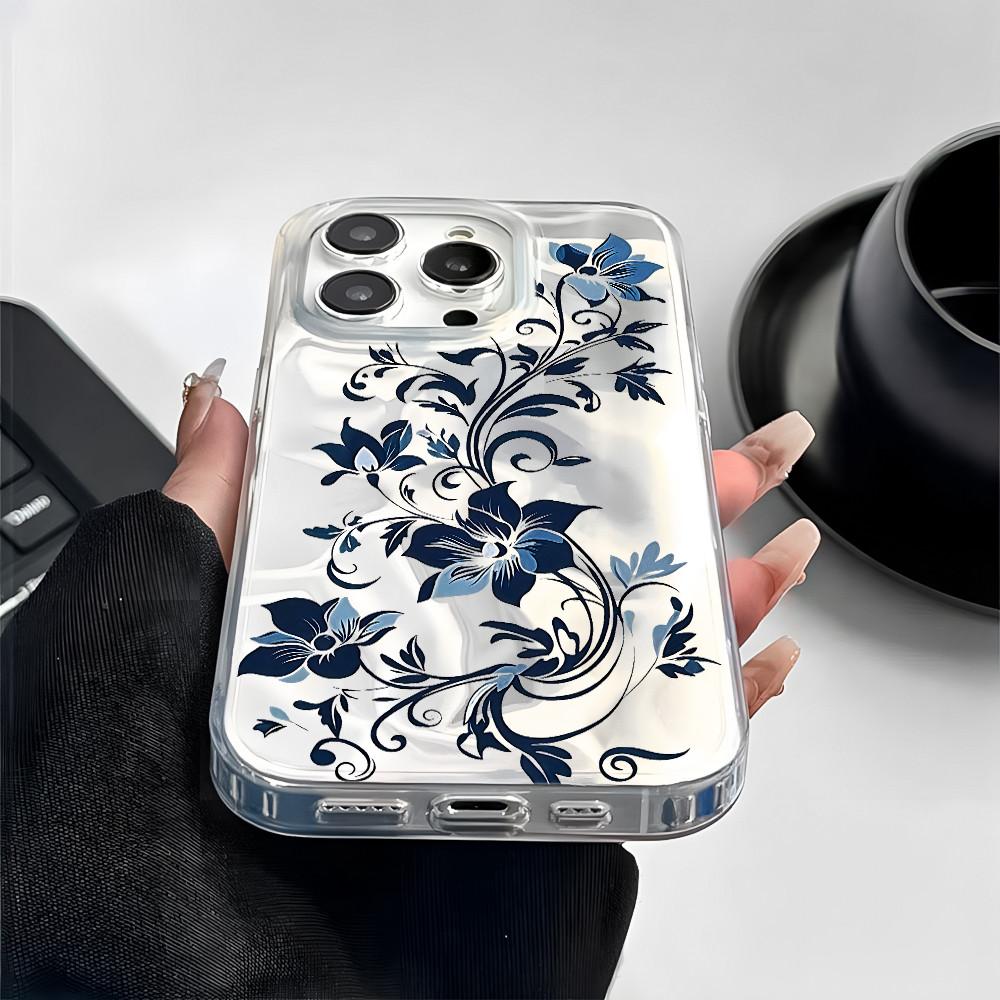 Flores Azuis Estilo Porcelana Capa Para iPhone 17 Air 13 11 12 14 15 16 Plus Pro Max XR Normal Anti-queda