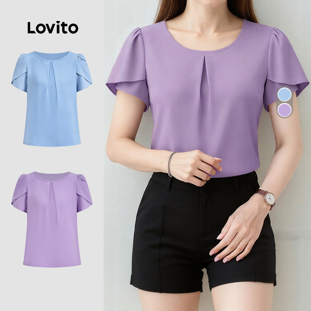 Lovito Elegante Blusa com Mangas Plissadas Estilo Pétala. Blusa Primavera/verão