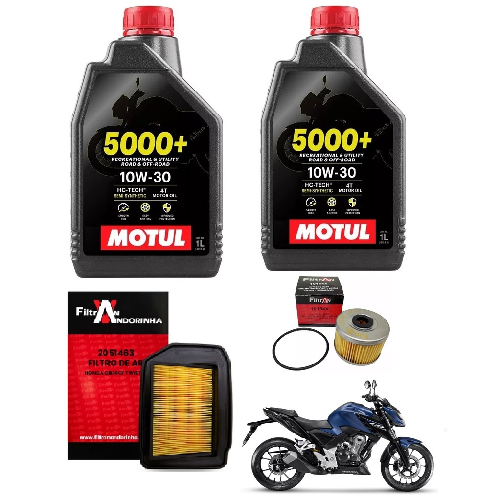 TROCA DE ÓLEO COMPLETA 2L MOTUL 5000+ 10W30 4T SEMI SINTÉTICO CB300F TWISTER + FILTRO DE AR + FILTRO DE ÓLEO FILTRAN