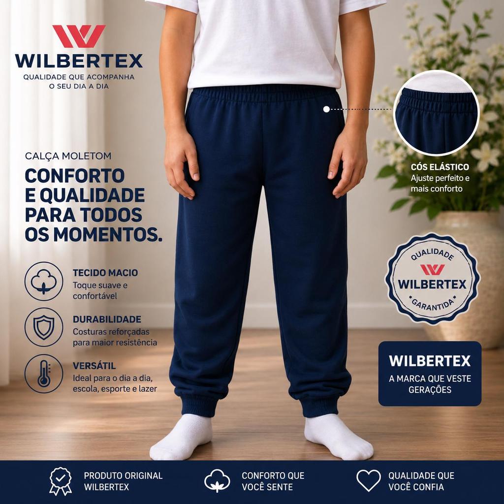 Calça Moletom Wilbertex Flanelada Com Punho 100% Algodão para Crianças Confortável e Quentinha Tamanhos 1 a 14