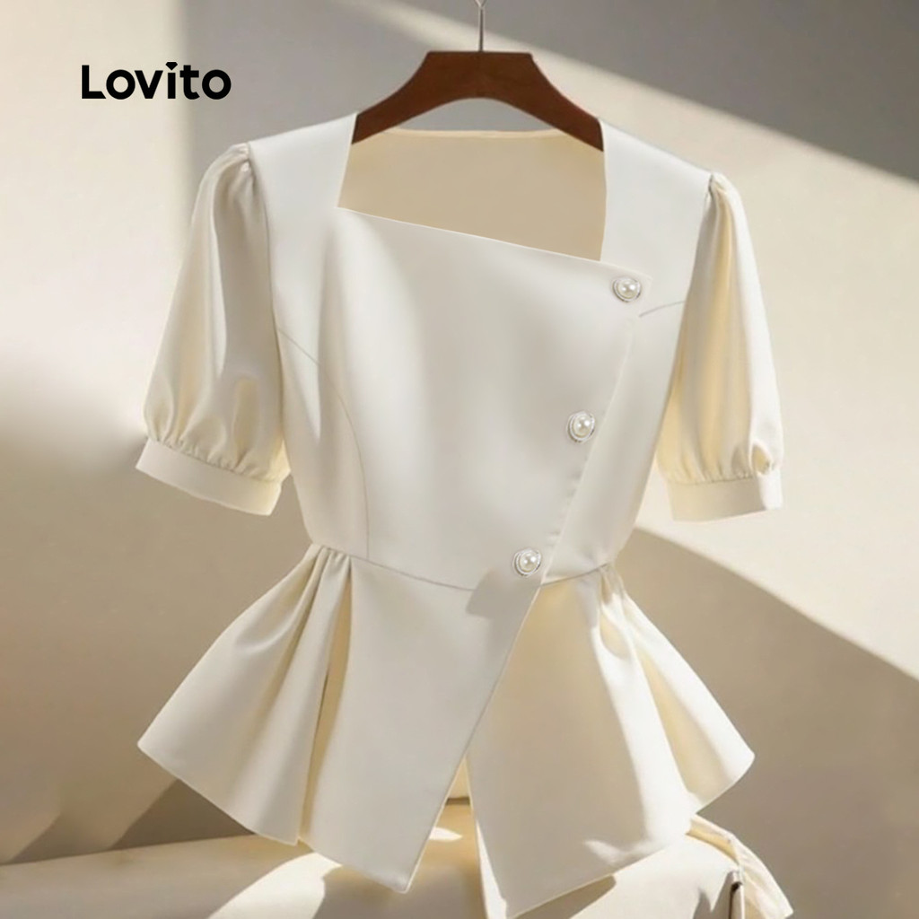 Lovito Elegante Blusa Assimétrica com Botões Primavera/verão Babado Blusa Off-white para Mulheres L137LD210 · foto 2