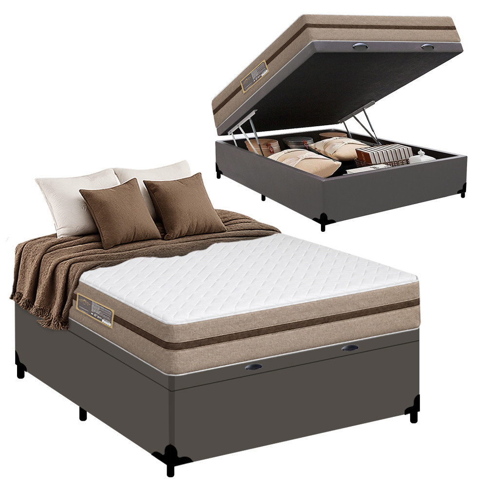 Cama Box Baú Casal Sintético + Colchão Molas Ensacadas Royal Sleep BioClassic 138x188x64