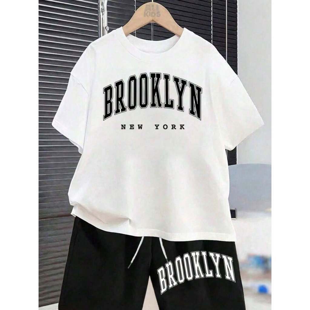 Conjunto Infantil Menino Camiseta E Short Brooklyn Algodão Conforto Moda Casual Bermuda Dia a Dia