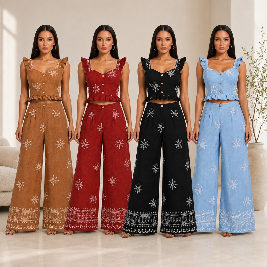 Conjunto Feminino Estampado com Cropped de Alças Ajustáveis e Calça Pantalona Viscose